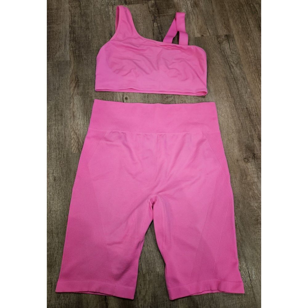 Seamless Hot Pink Ribbed Bike Shorts & One-Shoulder Sports Bra Set